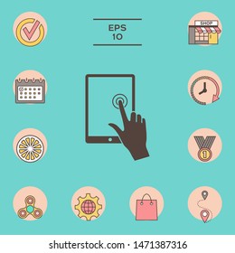 Touch screen tablet with click hand. Graphic elements for your design