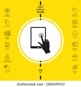 Touch screen tablet with click hand. Graphic elements for your design