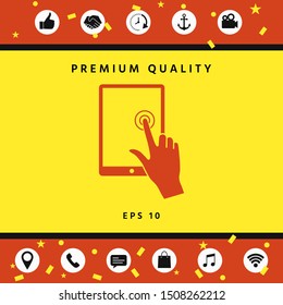 Touch screen tablet with click hand. Graphic elements for your design