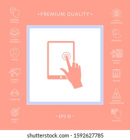 Touch screen tablet with click hand. Graphic elements for your design