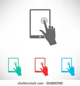 Touch screen tablet with click hand.  Set of varicolored icons.