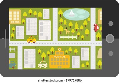 Touch screen tablet gps with cartoon map. Vector Illustration.