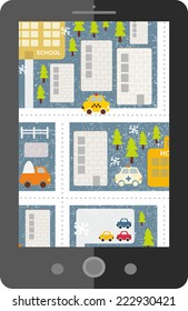 Touch screen tablet gps with cartoon map. Vector Illustration. 
