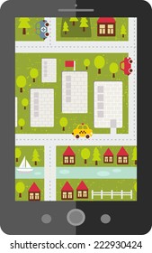 Touch screen tablet gps with cartoon map. Vector Illustration. 