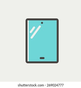 Touch screen tablet icon thin line for web and mobile, modern minimalistic flat design. Vector icon with dark grey outline and offset colour on light grey background.