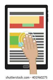 Touch screen Tablet pc with hand. Thin line icon with flat design element of abstract newspaper front page, internet blogging.