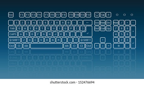 触摸屏虚拟键盘、发光键和蓝色背景上的反射