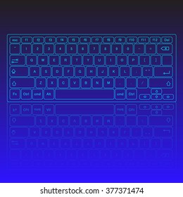 Touch screen virtual modern keyboard, glowing keys and reflection on blue background