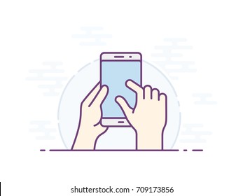 Touch screen zoom gesture icon for smartphone. Vector icon for a mobile app user interface or manual. Smartphone screen with gesture. Hand holding smartphone, fingers touching screen. Vector.