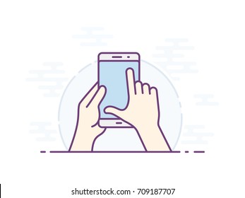 Touch screen zoom gesture icon. Smartphone screen with gesture. Hand holding smartphone, finger touching screen. Vector illustration.