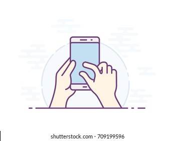 Icono de gesto de zoom de pantalla táctil para smartphone. Icono vector para una interfaz de usuario de aplicación móvil o manual. Pantalla de Smartphone con gesto. Mano sosteniendo el smartphone, pantalla de contacto con dedos. Vector.