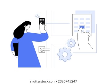 Touch sensor abstract concept vector illustration. Woman opens the door using a touch sensor, modern business technology, IoT idea, Internet of things, tactile password system abstract metaphor.