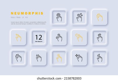 Touch set icon. Hand, waiting, arrows, click, index finger, page flip, scrolling, press, touchpad, sensor. Sliding concept. Neomorphism style. Vector line icon for Business and Advertising