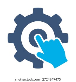 Toque configurações ícone azul vetor plano design mão símbolo de engrenagem manual configuração controle serviço gráfico elemento sinal