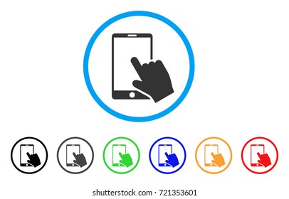 Touch Smartphone rounded icon. Style is a flat touch smartphone grey symbol inside light blue circle with black, gray, green, blue, red, orange color versions.