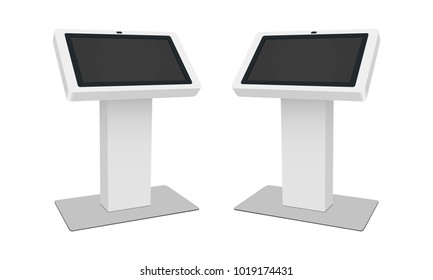 Touch Table With Blank Screen Isolated On White Background. Modern Interactive Kiosk - Half Side View. Vector Illustration