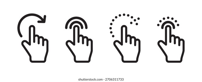 Touch, tap and rotate gesture icons with hand pointer and interaction symbols