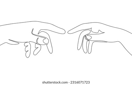 Touch two hands and fingers isolated on white background. One line continuous vector illustration. Line art, outline.