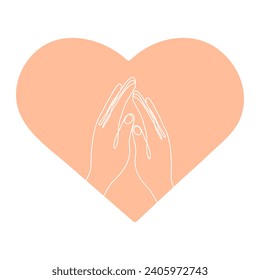 Touch of two hands in heart. one line art style. Vector illustration isolated on a peach fuzz and white background