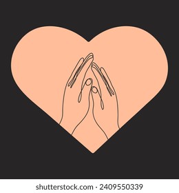 Touch of two hands in heart. one line art style. Vector illustration isolated on a black background