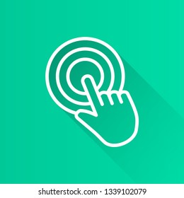 Touch vector icon with long shadow. White illustration isolated on blue background for graphic and web design.