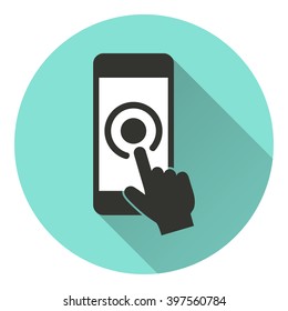 Touch    vector icon with long shadow. White illustration isolated on green background for graphic and web design.  