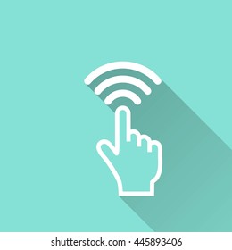 Touch vector icon with long shadow. White illustration isolated on green background for graphic and web design.
