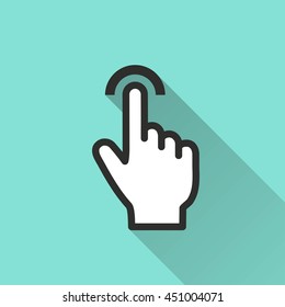 Touch vector icon with long shadow. White illustration isolated on green background for graphic and web design.