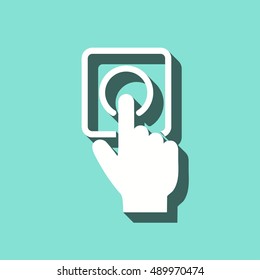 Touch vector icon with shadow. White illustration isolated on green background for graphic and web design.