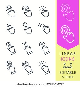 Touch vector icons set. Black illustration isolated for graphic and web design. Editable stroke. Fnger, clicking, hand, ets.