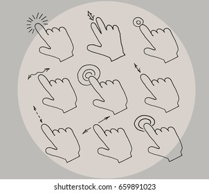 Touch vector icons set on grey background. touch screen.