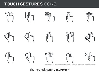 Touch vector line icons set. Gesture icons for touch devices, touch screen. Editable stroke. Perfect pixel icons, such can be scaled to 24, 48, 96 pixels.