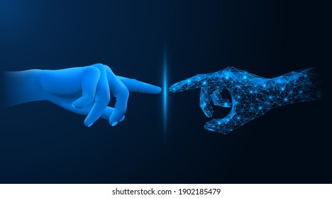 Touch with virtual reality. The point of contact of the human hand with the projection. Blue background.