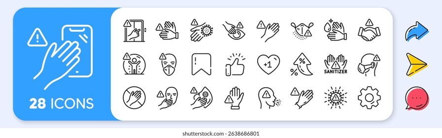 Touch warning line icons. Interest rate, AI generate, Inflation icons. Stop touch face, eyes and medical mask. Covid cough symptoms, wash and disinfect hands icons. Vector
