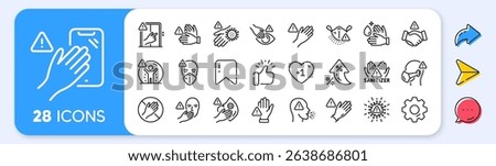 Touch warning line icons. Interest rate, AI generate, Inflation icons. Stop touch face, eyes and medical mask. Covid cough symptoms, wash and disinfect hands icons. Vector