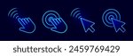 Touch wave. Hand and arrow pointer cursor icons with neon light, movement and display click effect, circle waves. Vector set. Clicking with finger and blue cursor pointer. Online sensor