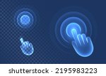 Touch wave from hand gesture in digital futuristic style on blue background. Neon icon of hand movement or display click. Neon vector illustration with light effect