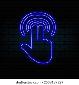 Touch wave from hand gesture in digital futuristic style on blue background. Neon icon of hand movement or display click. Neon vector illustration with light effect. blue color.