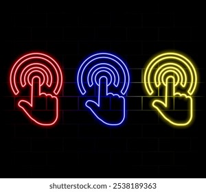 Touch wave from hand gesture in digital futuristic style on blue background. Neon icon of hand movement or display click. Neon vector illustration with light effect.