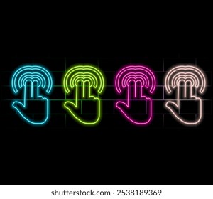 Toque onda do gesto da mão em estilo futurista digital no fundo azul. Ícone de néon do movimento da mão ou clique de exibição. Ilustração de vetor de néon com efeito de luz. roxo..