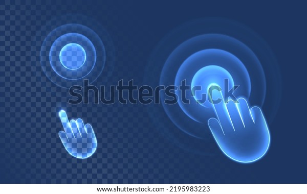 Touch wave from\
hand gesture in digital futuristic style on blue background. Neon\
icon of hand movement or display click. Neon vector illustration\
with light effect
