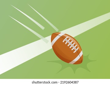 Touchdown of ball in American football with trajectory on playing field near line. American football Sport accessories. Flying,  bounce ball. Rugby equipment. Game symbol. Vector concept illustration