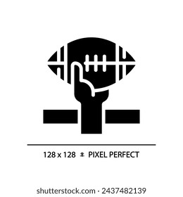 Touchdown black glyph icon. American football rules. Scoring play. Player carrying pigskin ball. Winning team. Silhouette symbol on white space. Solid pictogram. Vector isolated illustration