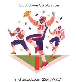 Touchdown celebration concept. Football players revel in the joy of scoring as confetti rains down. Victory and team spirit on the field. Vector illustration.