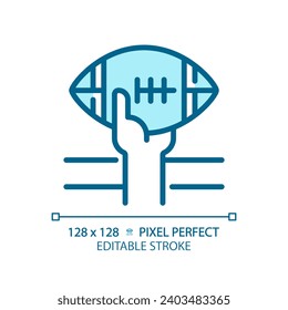 Touchdown light blue icon. American football rules. Scoring play. Player carrying pigskin ball. RGB color sign. Simple design. Web symbol. Contour line. Flat illustration. Isolated object