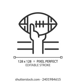 Touchdown linear icon. American football rules. Scoring play. Player carrying pigskin ball. Winning team. Thin line illustration. Contour symbol. Vector outline drawing. Editable stroke