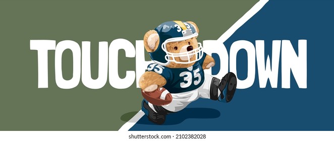 touchdown slogan with bear doll american football player vector illustration