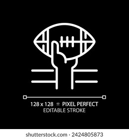 Touchdown white linear icon for dark theme. American football rules. Scoring play. Player carrying pigskin ball. Winning team. Thin line illustration. Isolated symbol for night mode. Editable stroke