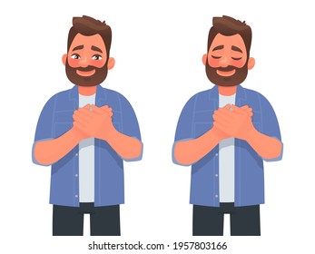 Touched positive man holds his hands on his chest, expressing gratitude. Vector illustration in cartoon style