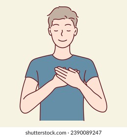 Touched positive man with pleased expression keeps hands on chest isolated on background, Hand drawn style illustration vector.